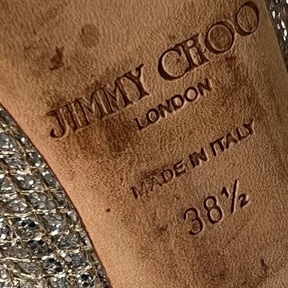 Jimmy Choo Leather Glitter Open Toe Sling Back Heels Champagne Gold Size 38.5 - Picture 14 of 14